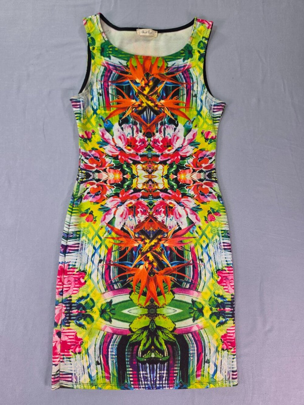 Black Bead Tropical Kaleidoscope Floral Bodycon Mini Dress Small Bright